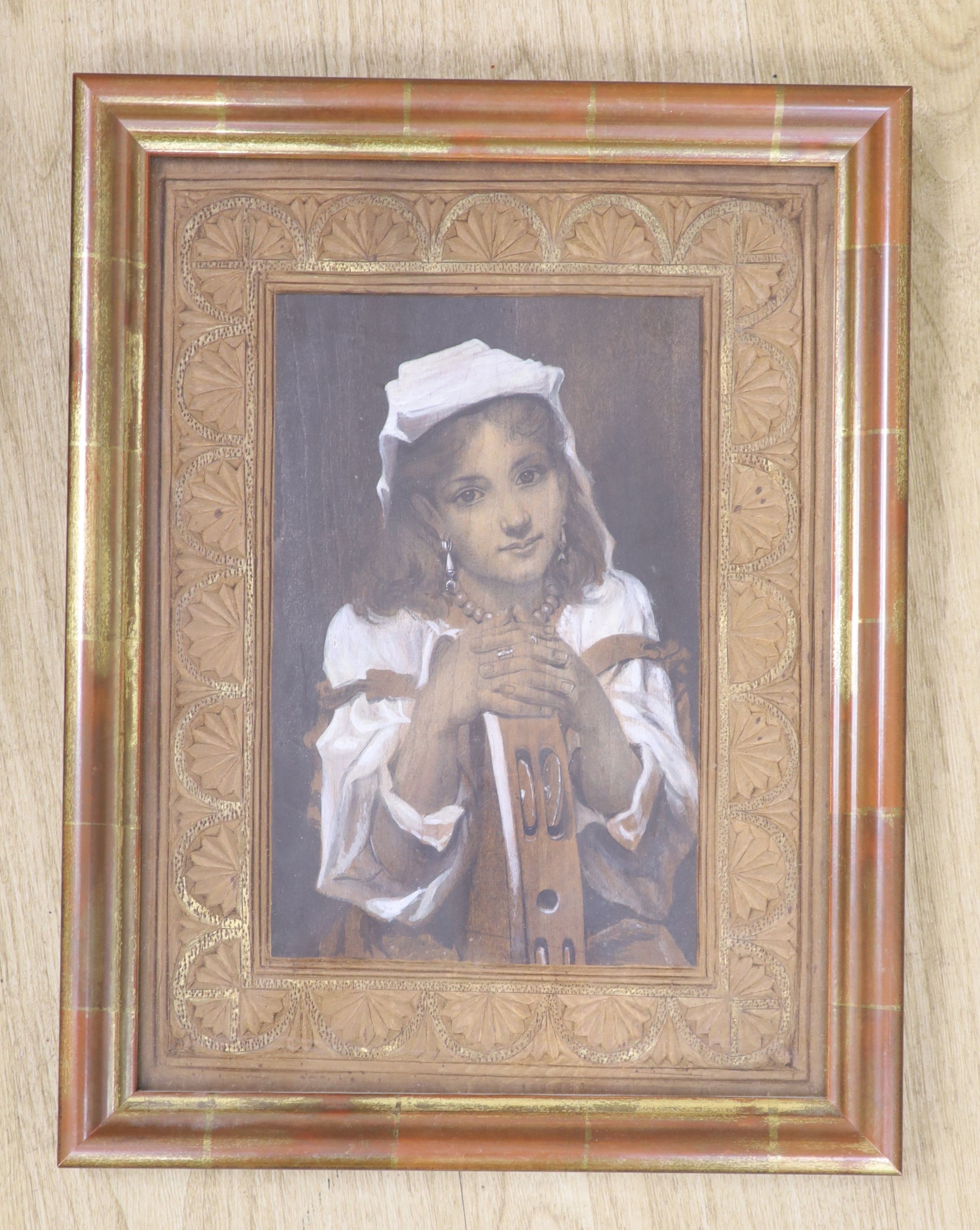 Pierre Louis Joseph de Coninck (1828-1910), pencil and watercolour on a wooden panel, Tambourine Girl, inscribed verso, 8 x 17cm.